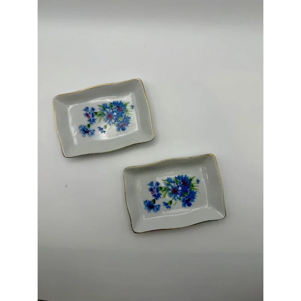 Norcrest Fine China Blue Cornflower Trinket Dish Set of 2 Gold Trim 8/331 Japan